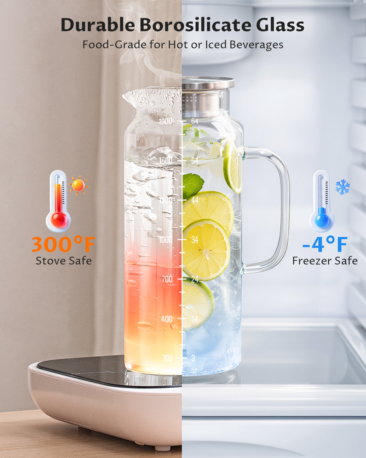 GOSCHE 68oz 2 Pack Glass Pitcher with Lid and Handle Wide Mouth Glass Water Pitcher Leak-Proof for Cold and Hot Beverage, Iced Tea, Juice, Lemonade, Coffee