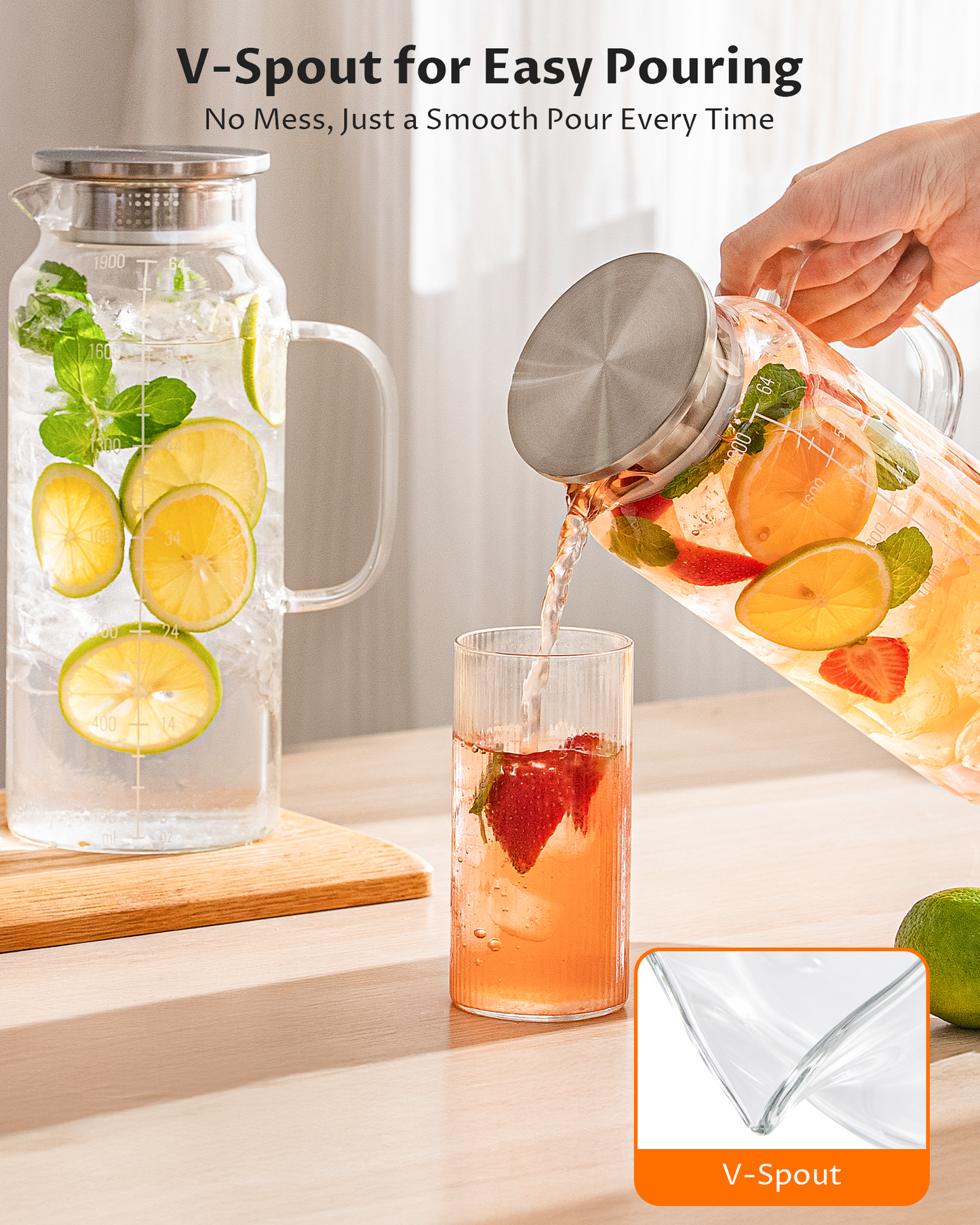 GOSCHE 68oz 2 Pack Glass Pitcher with Lid and Handle Wide Mouth Glass Water Pitcher Leak-Proof for Cold and Hot Beverage, Iced Tea, Juice, Lemonade, Coffee
