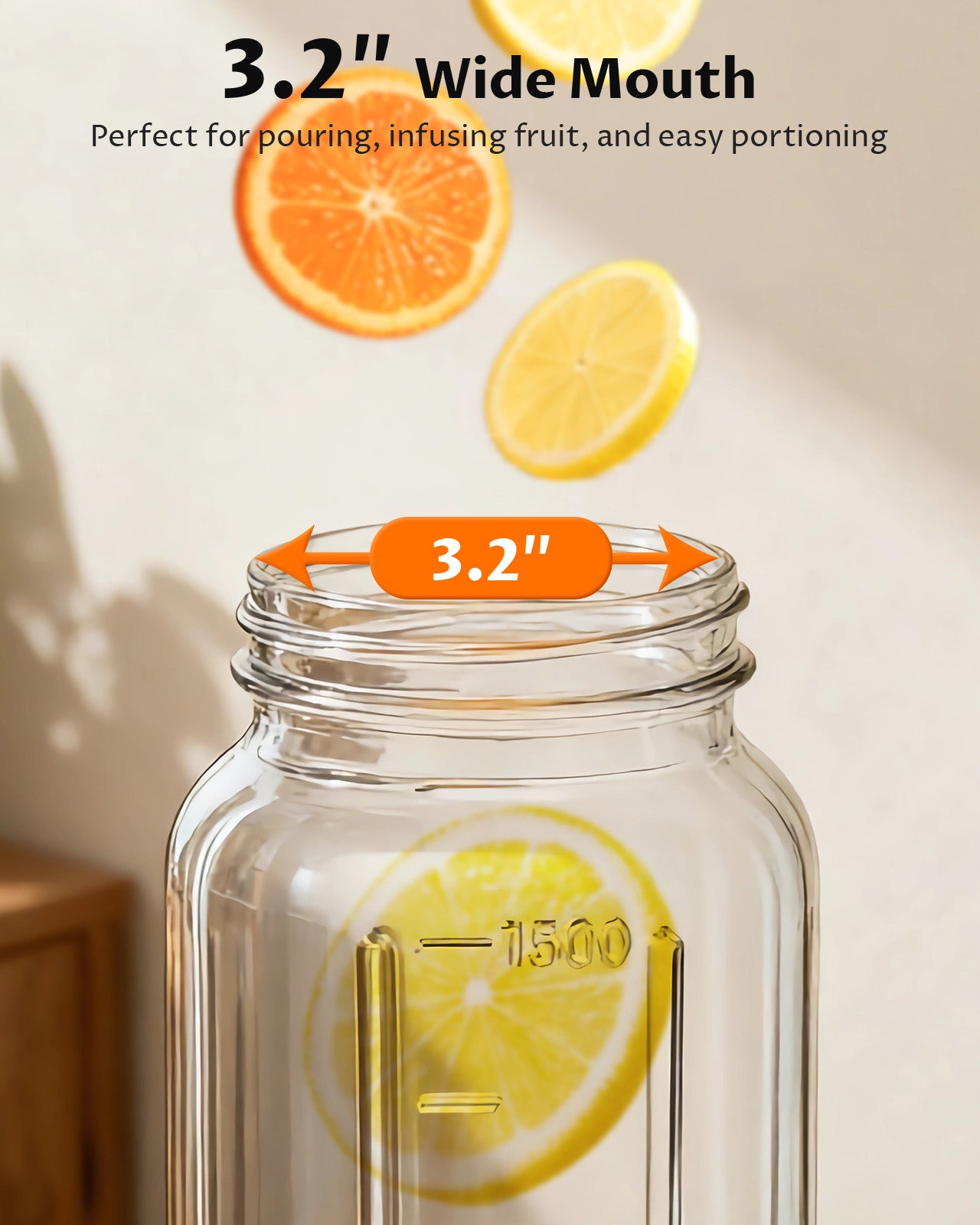 GOSCHE 2 Pack 64oz Glass Pitcher with Lid and Spout Leak Proof Mason Jar Pitcher with Handle for Fridge Juice Beverage Iced Tea Coffee Purple Orange